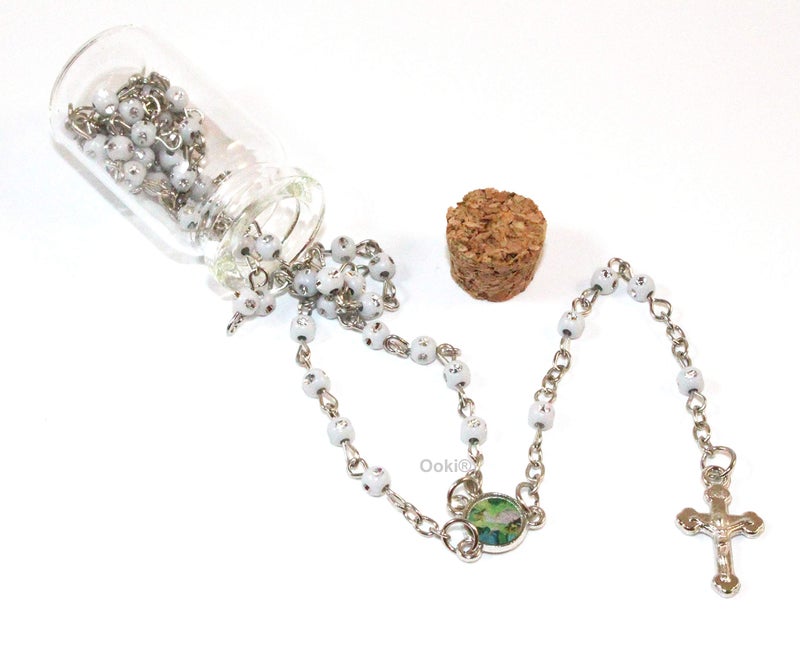 Ooki 12 pcs Angel Guardian Rosary In Glass Jar Bottle Beads White Beaded Rosary Silver CATHOLIC Crucifix Necklace Virgin Mary lot of 12 - Image 3